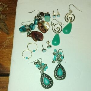 Six Pair Blue Turquoise Silver Dangle Hoop & Tiny Pierced Earrings